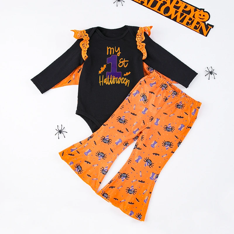 

Baby Girl Outfits Halloween Letter Print Bat Wing Long Sleeve Romper Spider Print Flare Pants 2Pcs Clothes Set