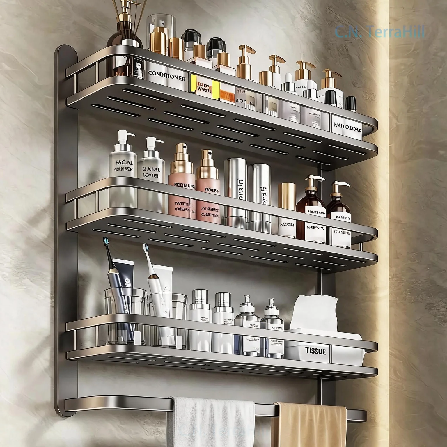Wall Mounted Bathroom Shelf, Rustproof Aluminum Toiletry Organizer, No Drill Adhesive Holder for Shower Sink Vanity