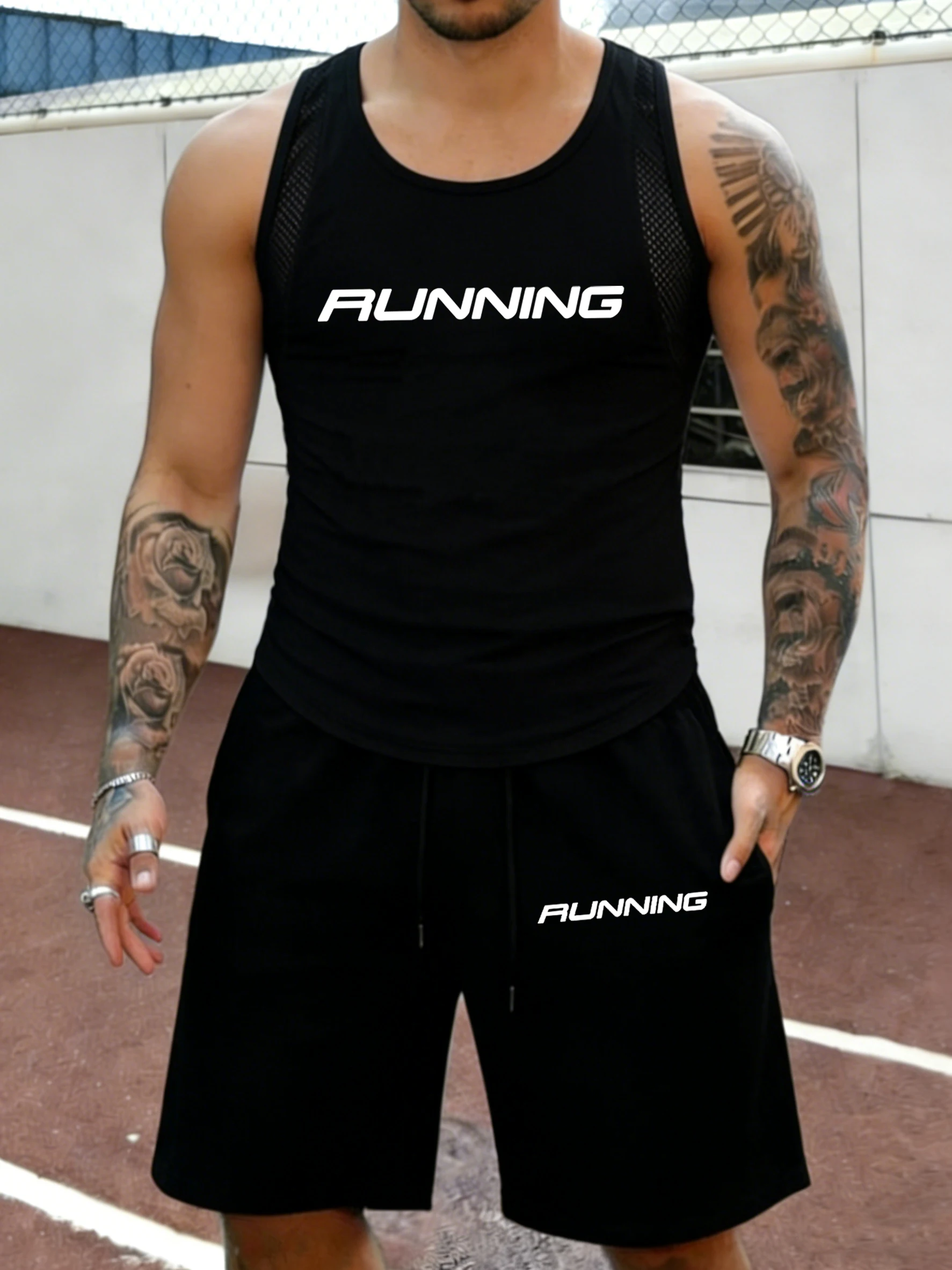 

Artistic Word Running Print Summer Sport Mesh Vest & Shorts Suit Men Breathable Fashion Sleeveless Tee Cool Beach Hiking Bottom