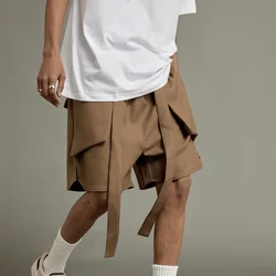 Yao888-Men's Multi Bolso Calças Quarter, Casual Esporte Verão Solto Streetwear, Shorts de Algodão Puro para Homens, High Street, Harajuku Y2k