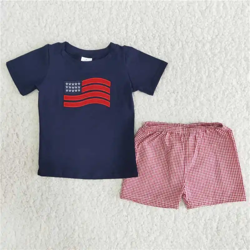 Wholesale Baby Boy July 4th Summer Red Blue Set Children Toddler Embroidery Cotton Shirt Kid Infant Stars Shorts Dog Flag Outfit