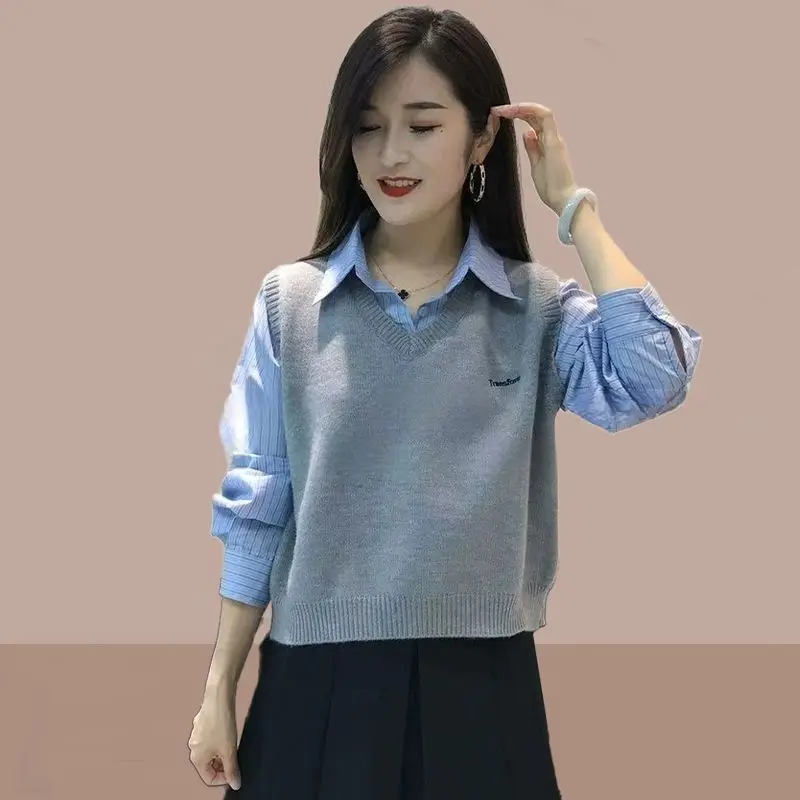 

Fashionable Knitted Vest Shirt Women's Spring and Autumn New Slim POLO Collar Top