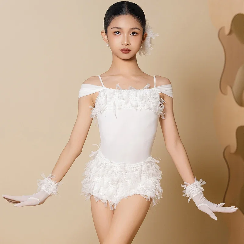 

Summer Girls Chacha Salsa Latin Dance Dresses White Latin Top Lace Shorts Kids Performance Dancing Practice Suits