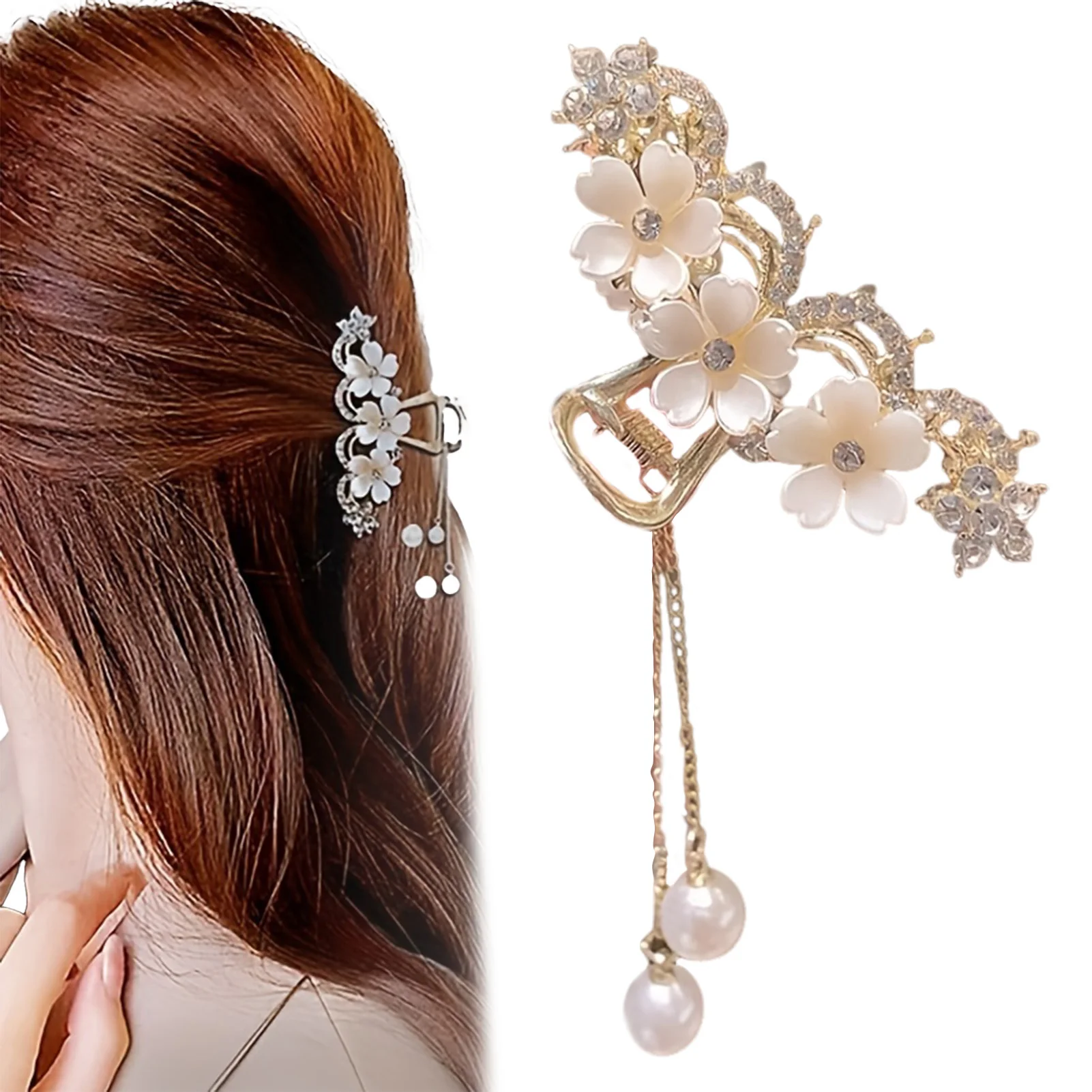 Modische Haarspange, elegante, exquisite Kristallblumen-Perlen-Quasten-Haarklammer für Damen und Mädchen, Party-Pferdeschwanz-Haaraccessoires – Detail 2