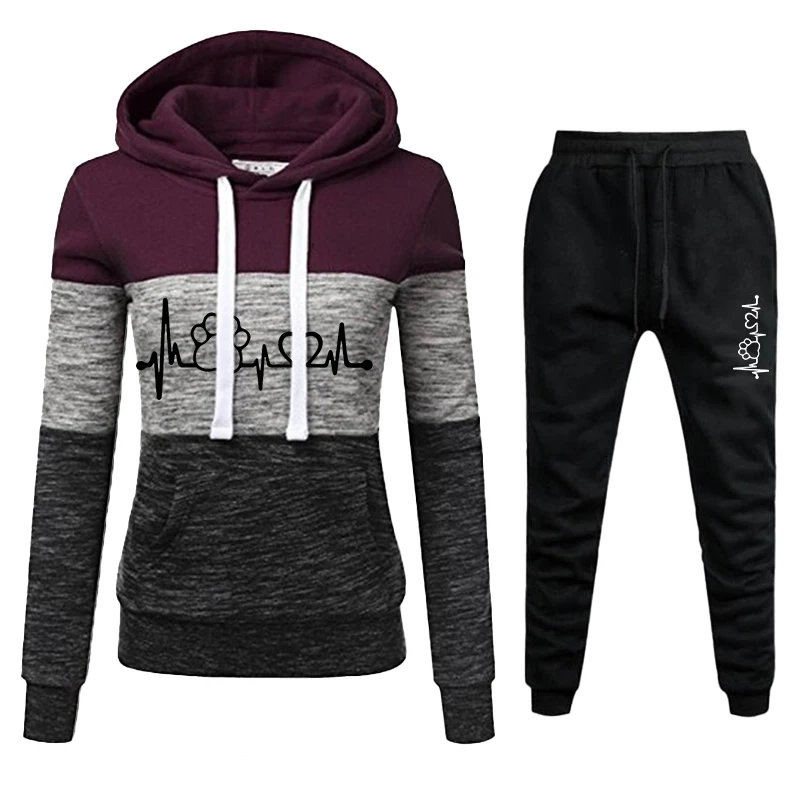 New women's jogging set with three color splicing hooded sweatshirt and sweatpants, women's casual sports hooded set