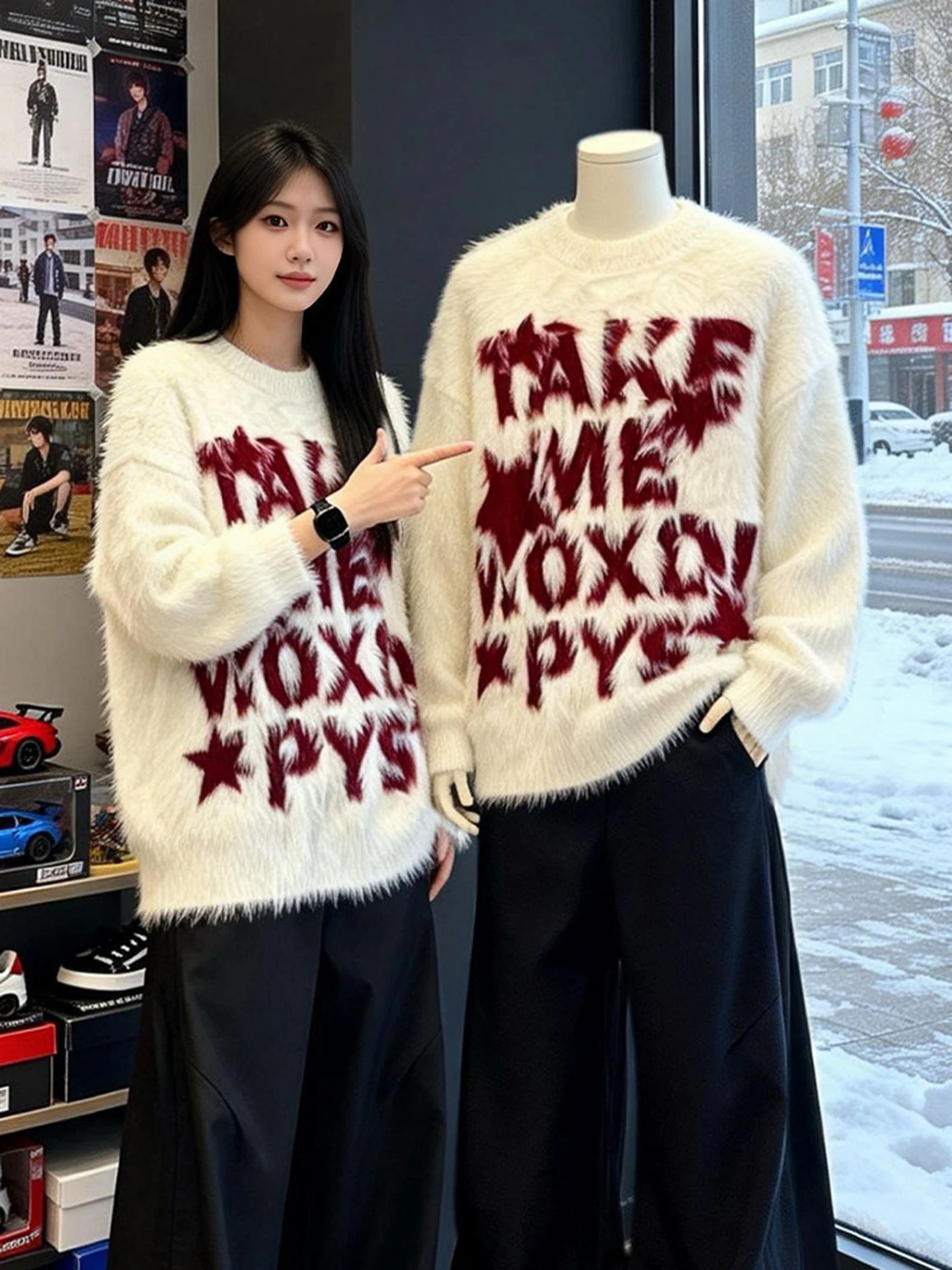 

American Sle Letter Pattern Mink Velvet Knitwear Men's Winter Faion High-End Color Blo Camere Sweatirt