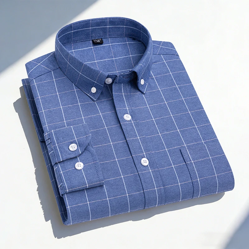 

100% Cotton Oxford Breathable Men's Long Sleeved Casual Plaid Striped Shirts Fashion Business Regular Fit New In Tops Plus Sized
