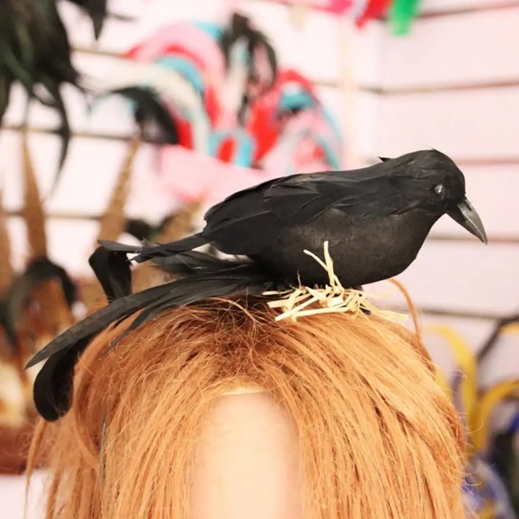 Accessorio per capelli corvo nero con piume creative in stile foresta esagerata di Halloween per costume da festa spettrale