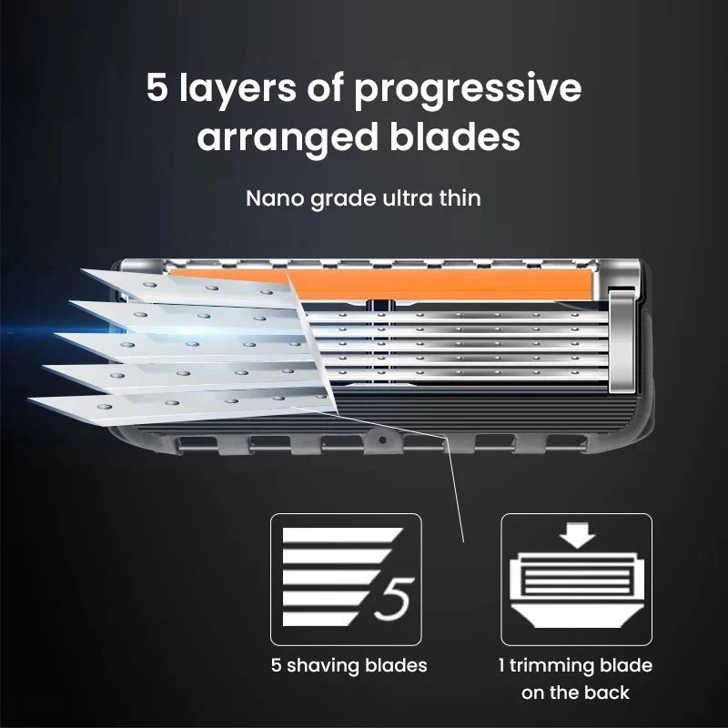 ماكينة حلاقة يدوية للرجال من الفولاذ المقاوم للصدأ، مقبض ماكينة حلاقة مغناطيسي اختياري، شفرات ماكينة حلاقة بخمس طبقات للجسم بالكامل