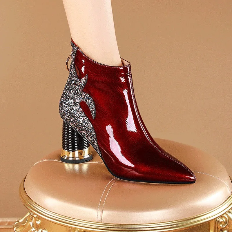 

2025Women Boots Luxury Designer Embroidery Ankle Boot Sexy Pointed High Heel Boots for Women Red Dancing Short Boots Botas Mujer