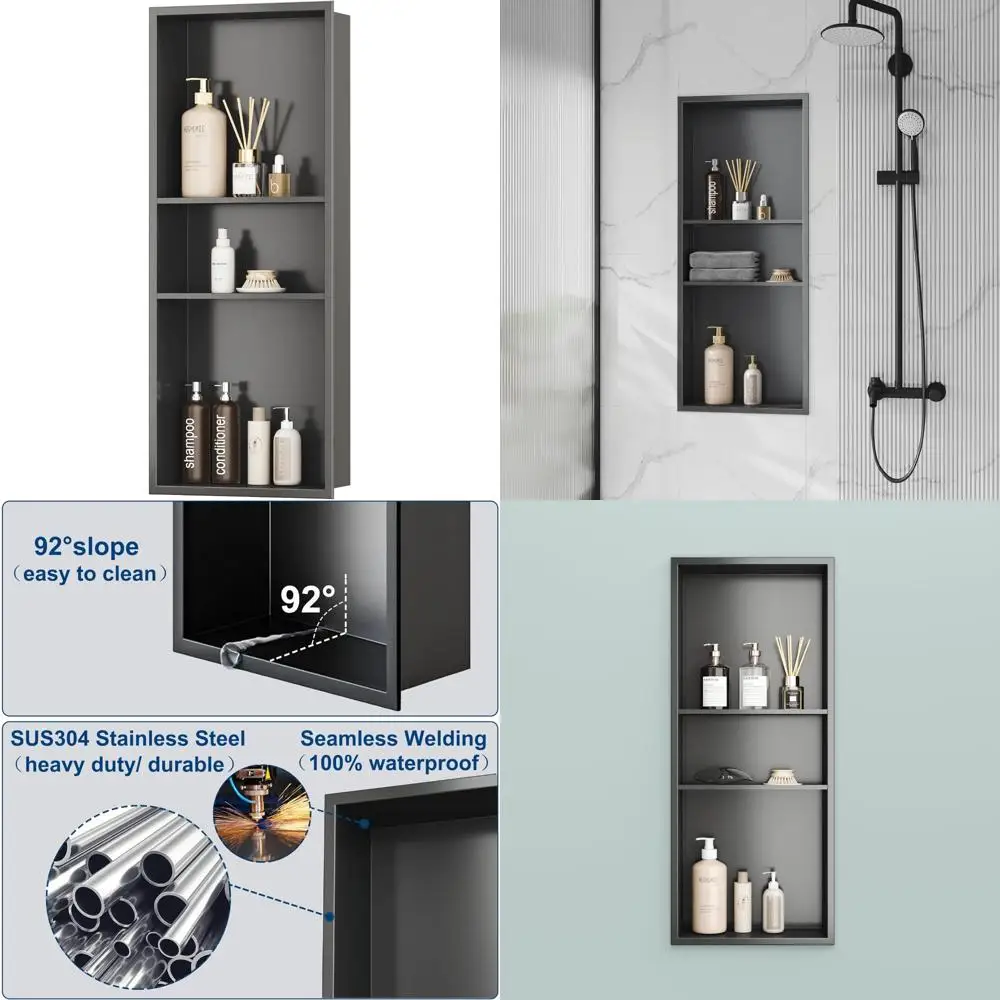 

Stainless Steel 3-Tier Shower Niche, Gun Metal Finish, No Tile Required for Bathroom Wall Recessed Storage