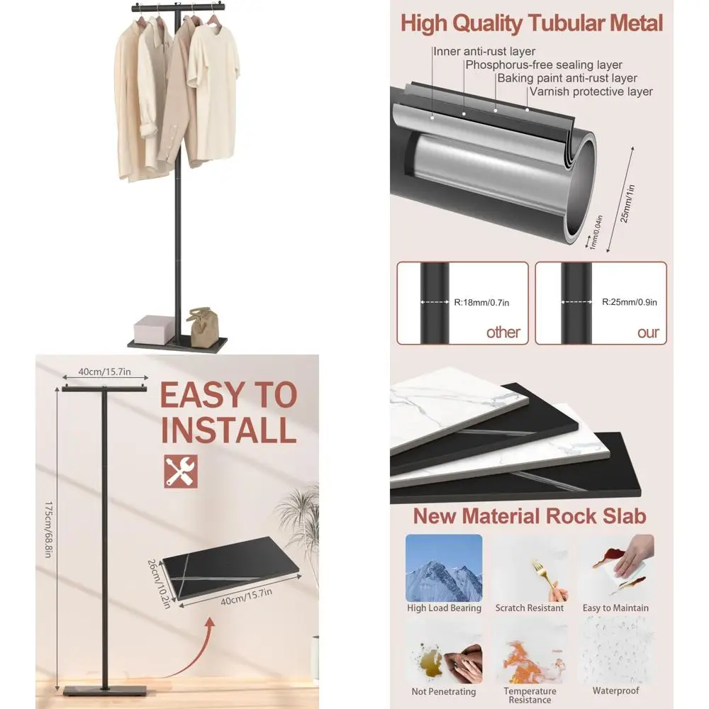 

Modern Heavy-Duty Metal Freestanding Coat Rack with Rock Slab Base for Home and Boutique Entrances