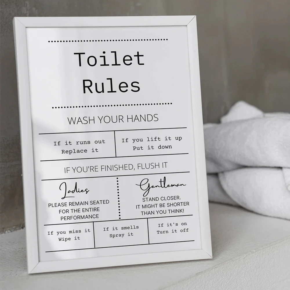 Black and White Modern Funny Nakey Naked Toilet Rules Quote Wall Art Canvas Painting Posters For Bathroom Room Home Decor