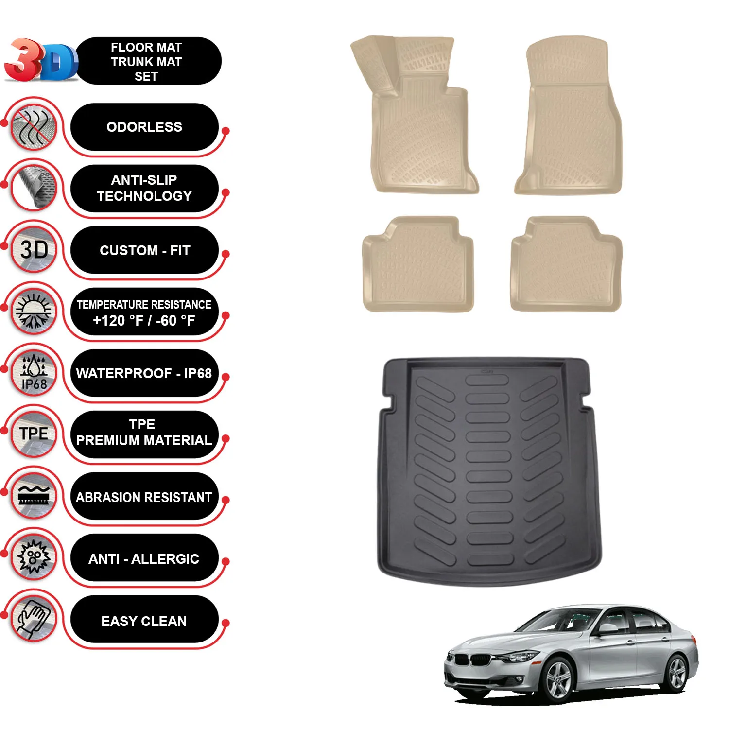 

BMW 3 F30 - (2012-2019) - Floor Mats + Cargo Trunk Liner - SET - (Beige)