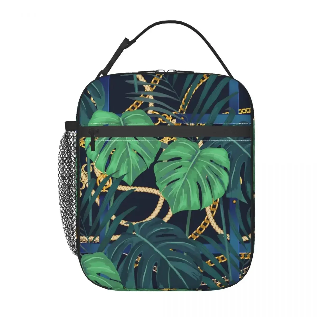 

Lunch Bag Gold Chains Portable Insulated Lunch Box For Children Palm Leaf Print Office Cooler Bag Casual Oxford Tote Food Bags