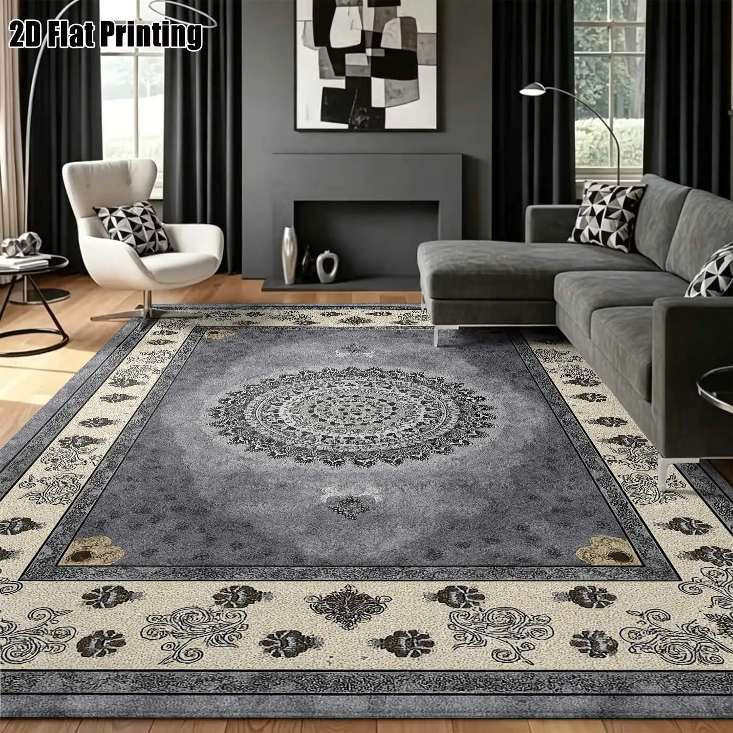 1Pc 2D Printed Blue-Grey Retro Floral European Vintage Bohemian Geometric Carpet, Machine Washable, Multi-Size, Ideal for Home Decor, Entrance, Dining Room, Foyer, Bedroom, Living Room