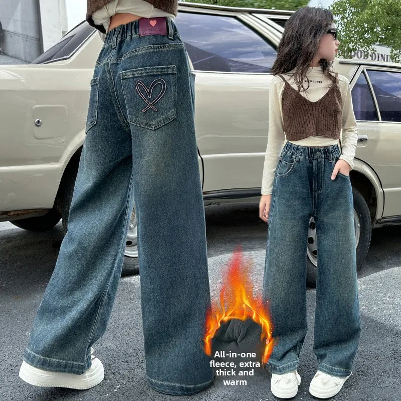 

Girls' autumn and winter new style with plush jeans, fashionable wide leg pants, autumn and winter straight leg pants long pants