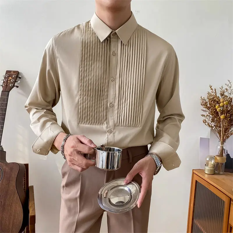 

France England Style Men Shirts New Autumn Solid Lapel Button Pleated Korean Fashion Chic Business Casual Loose Long Sleeve Tops