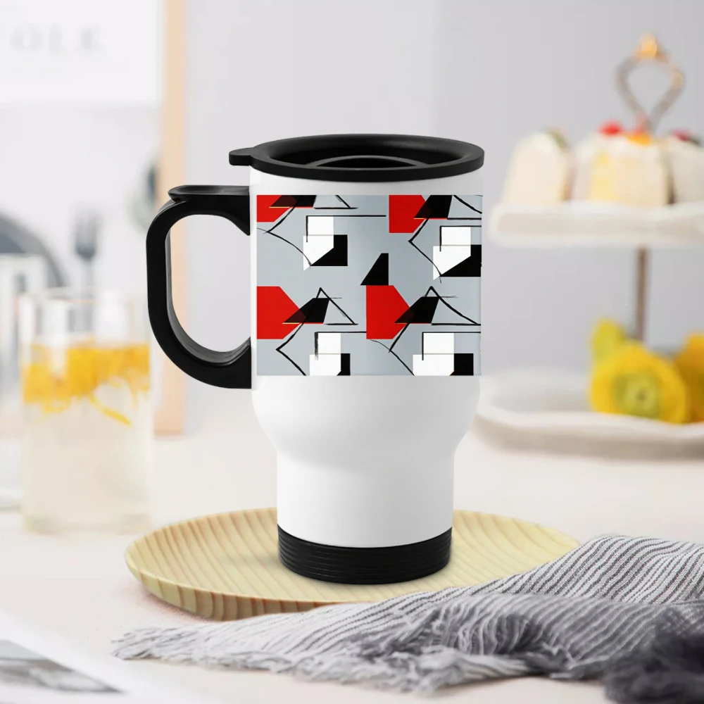 

Geometric Pattern Travel Mug With Red Black And White Design Stainless Steel Insulated Coffee Cup For Office Or Outdoor Use 16 Oz Single Piece