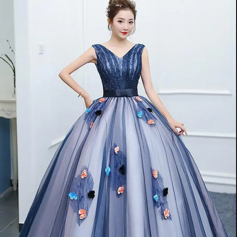 Sexy V-neck Quinceanera Dresses New Dark Blue Tulle Gown Colorful Lace Appliques Elegant Sleeveless Vestido Baile Customized