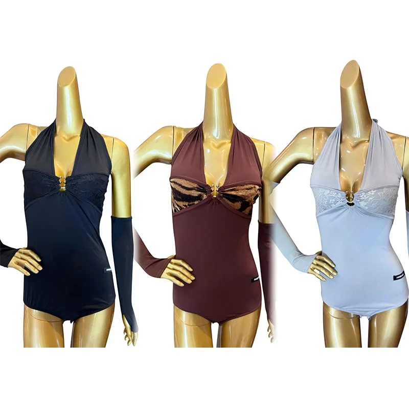 

V-Neck Latin Dance Tops Adult Rumba Dance Clothes Women Waltz Tango Performance Bodysuit Tops Training Clothing 3 Colors