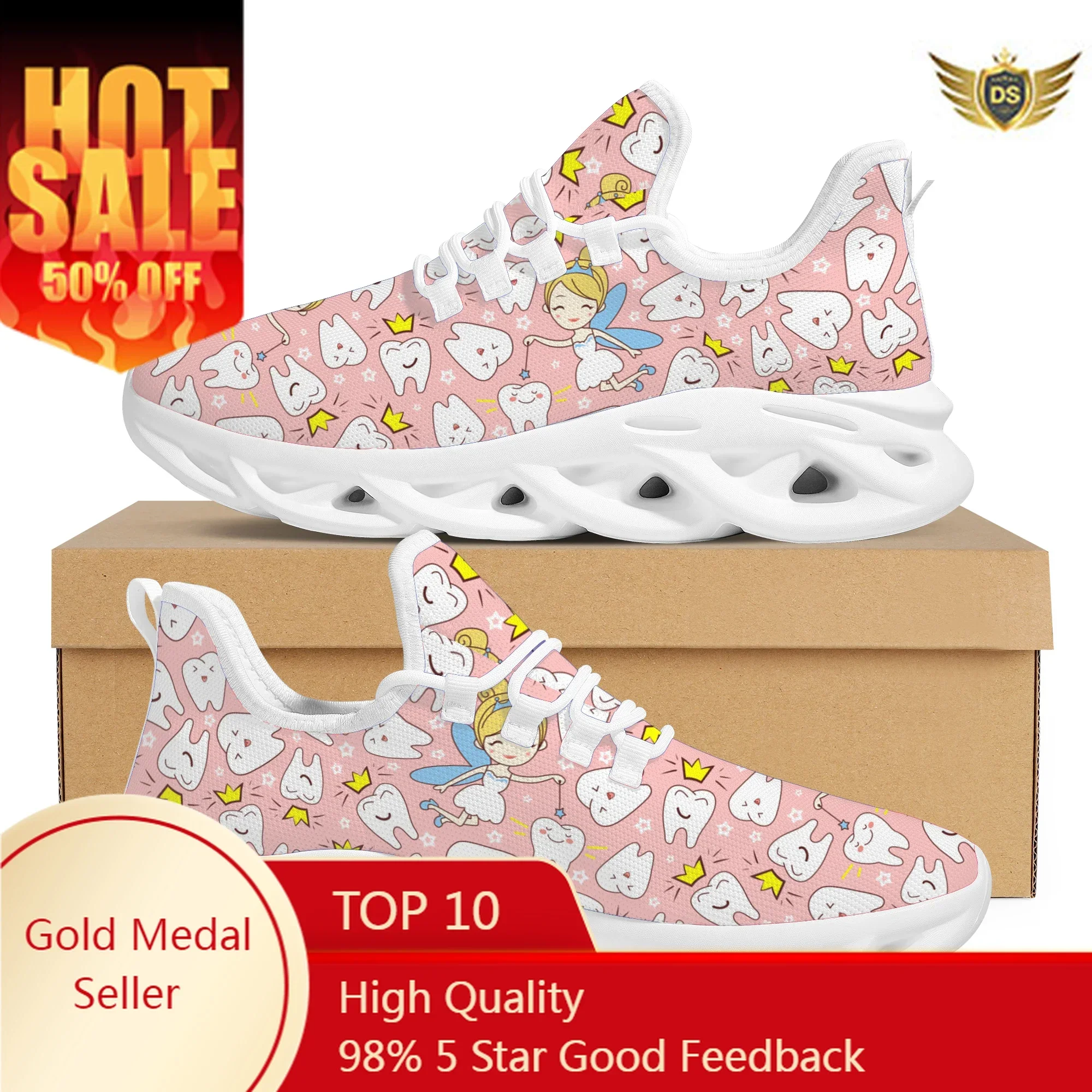 Pink Crown Teeth Angel Print Mesh Flat Shoes Casual Outdoor Street Trend Lace-up Sneakers Light Non-slip Adult Running Shoes