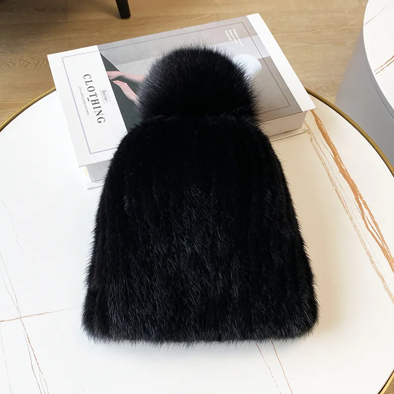 New Fashion Women Winter Natural Mink Fur Hats Knitted Real Mink Female Russian Warm Beanies Hat Fur Hat Fox Fur Ball Caps