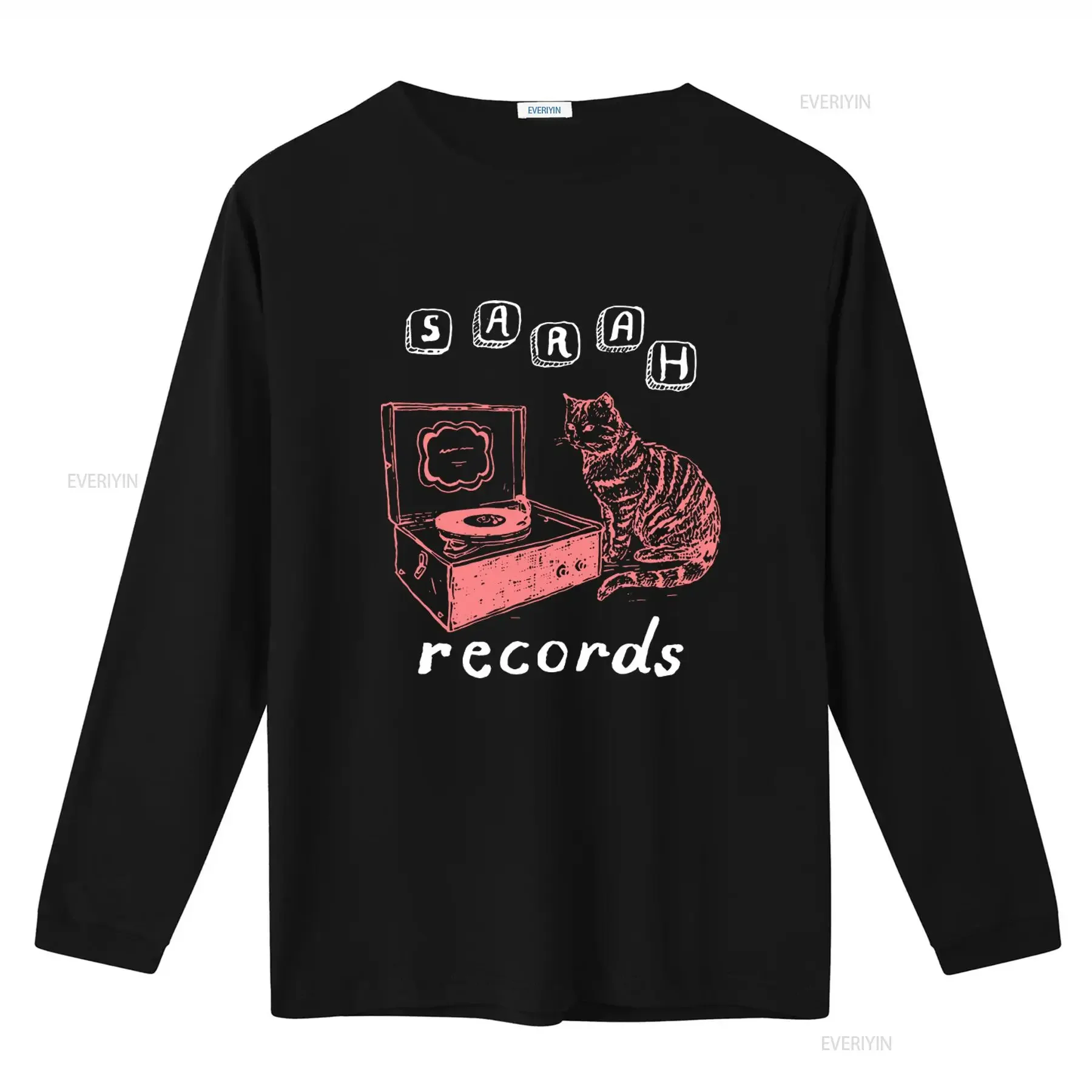 Sarah Records Vintage Style Cat Turntable Screen Print  Black T Shirt vintage Washed Casual Unisex graphic streetwear homme