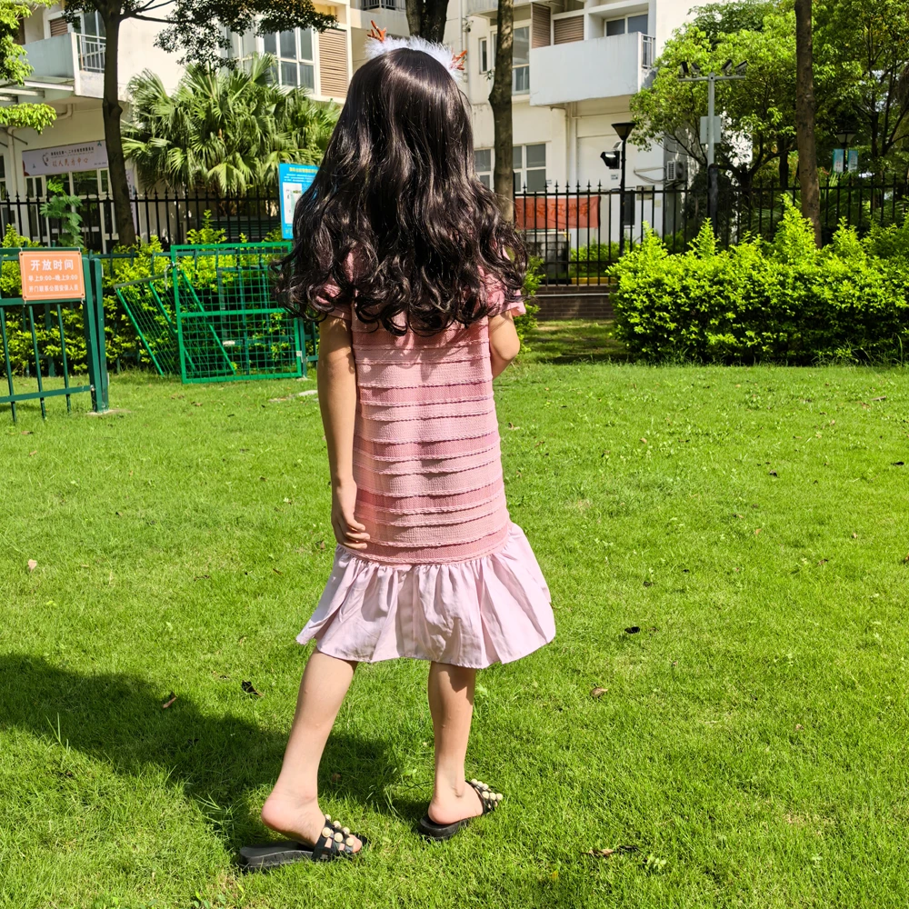 

Pink fish tail dress short sleeved long dress for 4-14 Yrs Teenager Girls black to school dress Elastic casual dress 2025 Summer