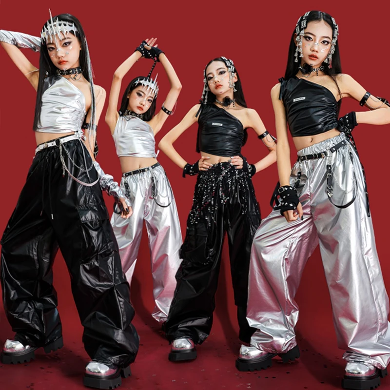 Kpop Jazz danse scène Costume filles argent haut court Shuffle pantalon Hip Hop ensemble mode défilés spectacle tenue rue Dancewear 2214