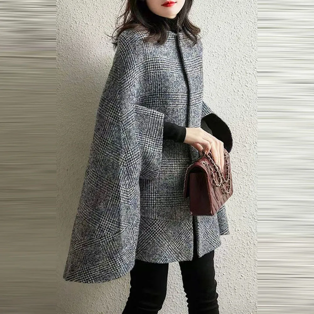 

Elegant Ladies Cloak Plaid Woolen Coat Women's Mid-length Autumn Winter Jacket Fashion Round Neck 3/4 Sleeve Loose Button Poncho