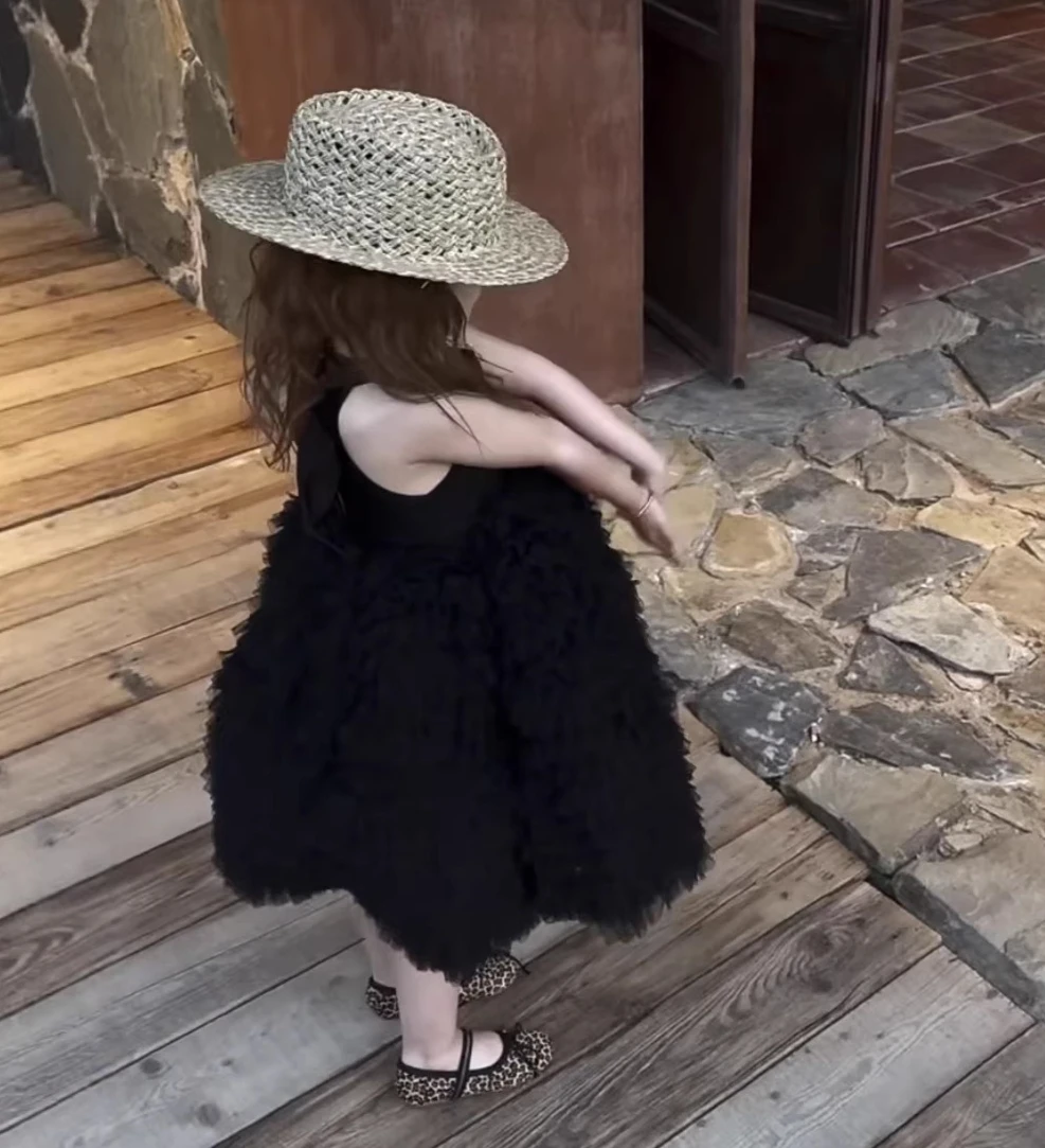 2026 Spring Summer New Korean Children Clothing Girls Hanging Neck Back Hollow Bow Black Swan Cake Dress