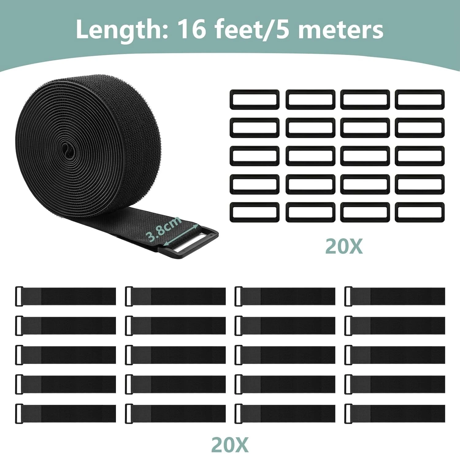 16Ft Cinch Straps Heavy Duty With 20 Buckles, Black Nylon Hook and Loop Straps, Reusable Cable Ties for Organizer and Storage