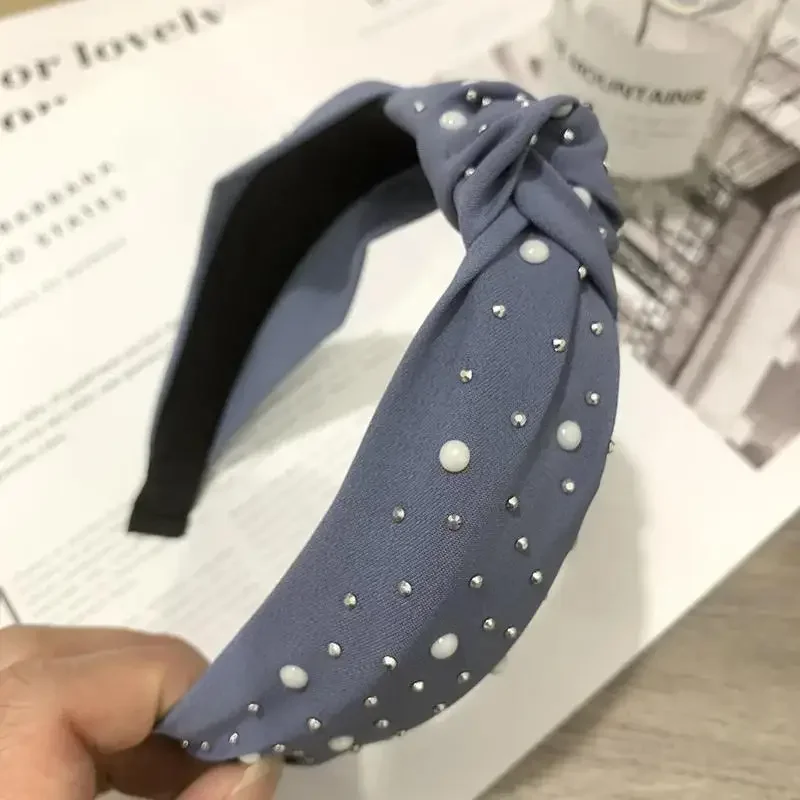

Fashion Wide Blue Denim Cross Knotted Headband Women Personal Pearl Rhinestone Hairband Vintage Hair Hoop Bezel Hair Accessories