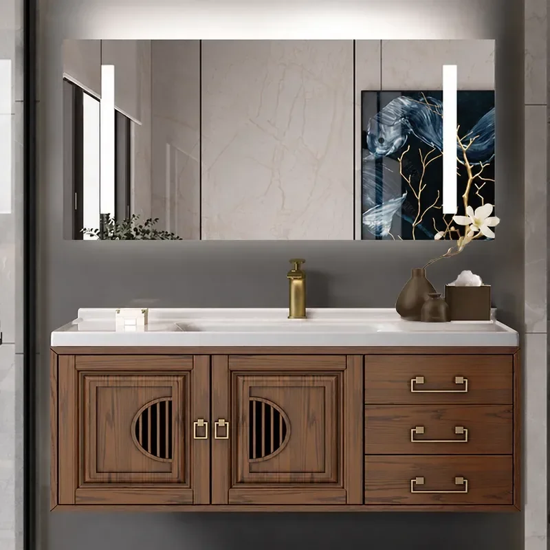 Modern New Chinese Style Bathroom Cabinet American Red Oak Open Paint Finish Toilet Washstand with Washbasin Combination