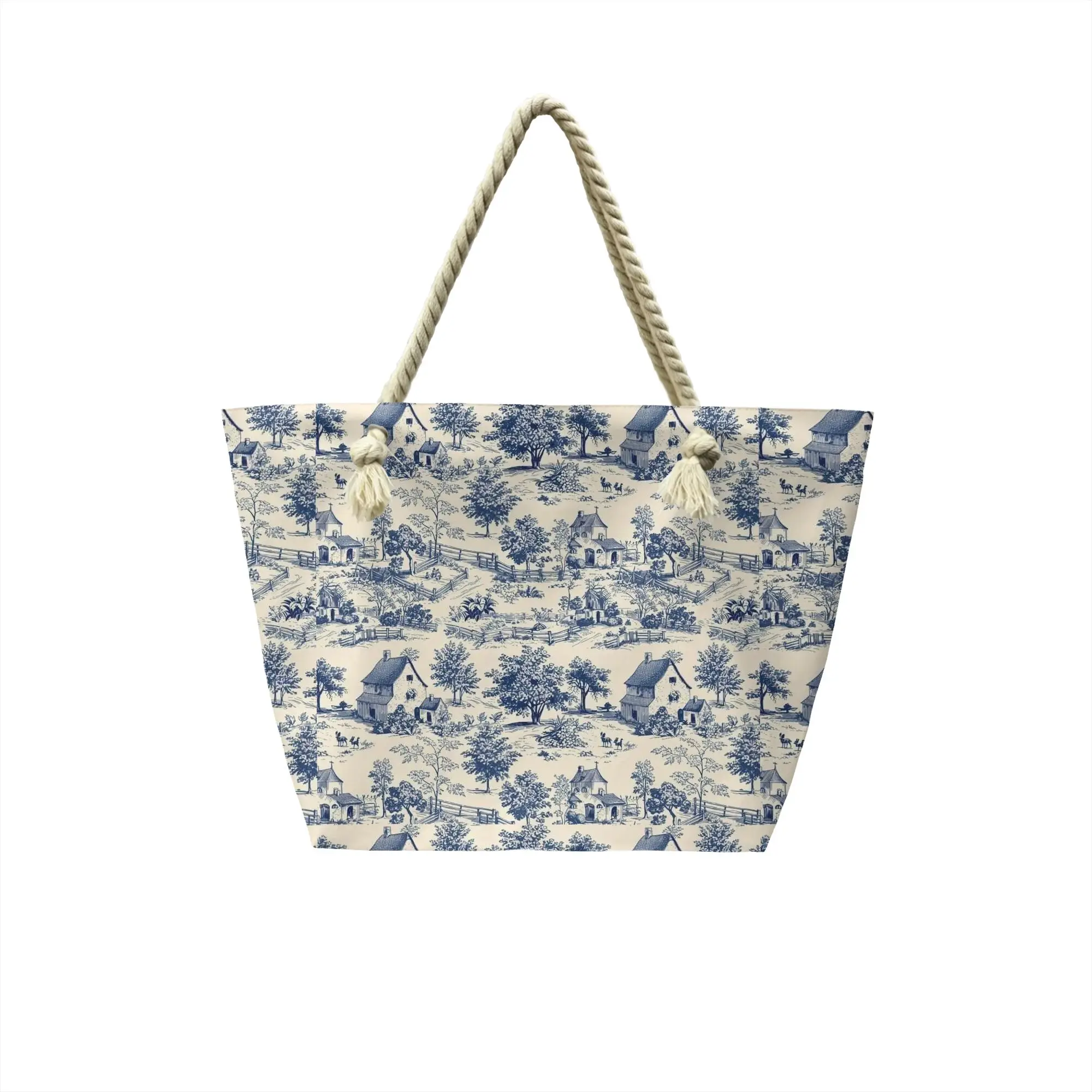 Kawaii Printed Toile De Jouy  Shopping Tote Bag Portable Canvas Shoulder Shopper Farmhouses Countryside Handbag