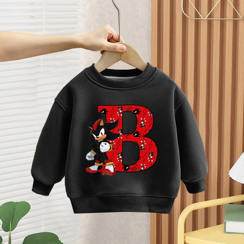 Sonics Children's Sweatshirt Letter A-Z Printed Shadows Sweater Fashion Thin Plush Pullover Round Neck Boys Clothes Cartoon Tops