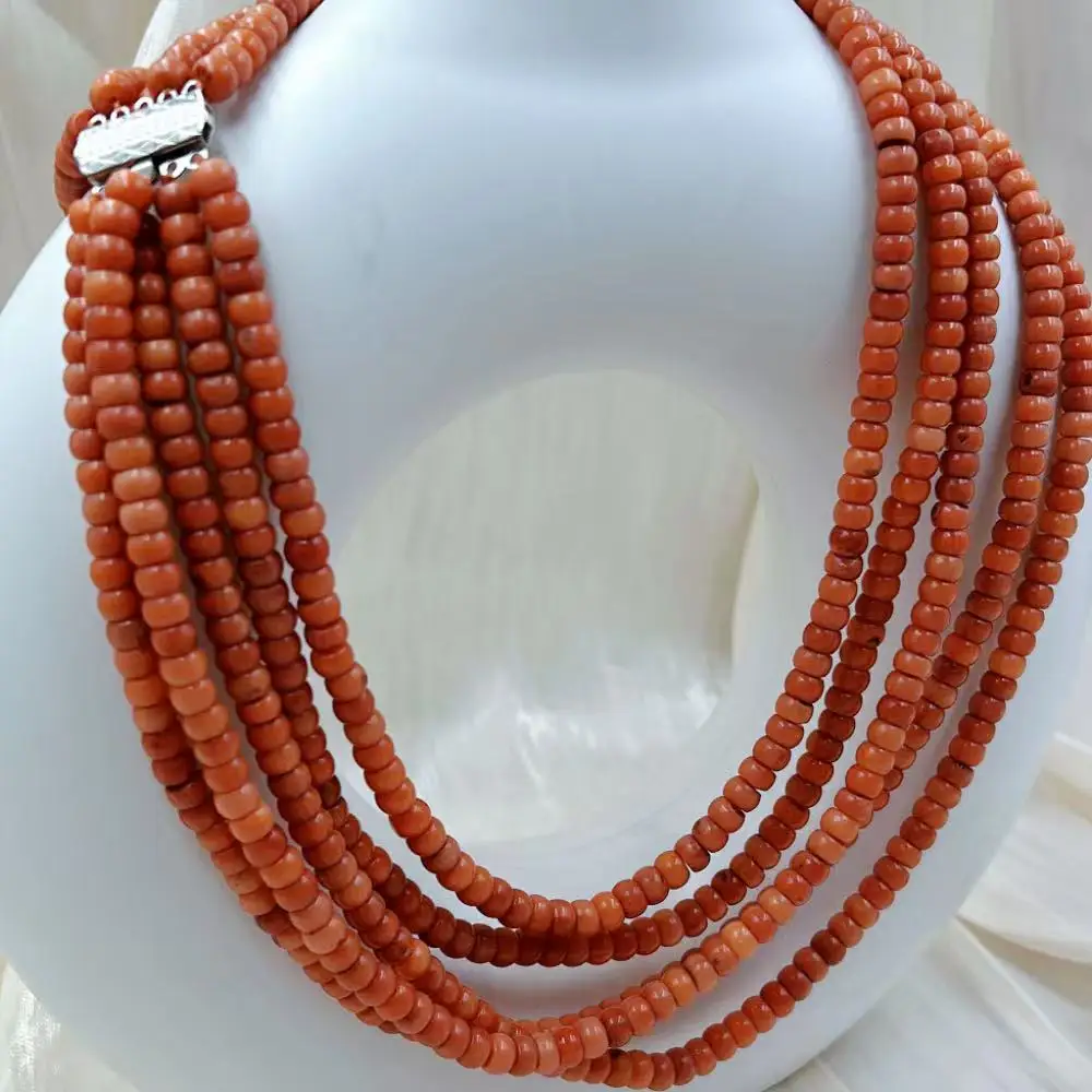18-20inch 4x6mm Punk Drum Natural Sea Bamboo Women Jewelry Short Collar 5-Strand  Orange Coral Necklace view 4