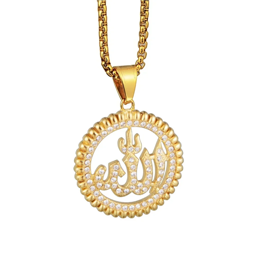 

Hip Hop Iced Out Islamic Muslim Allah Pendant Gold Color Stainless Steel Round Necklace For Men Women Islam Jewelry Gift 2025