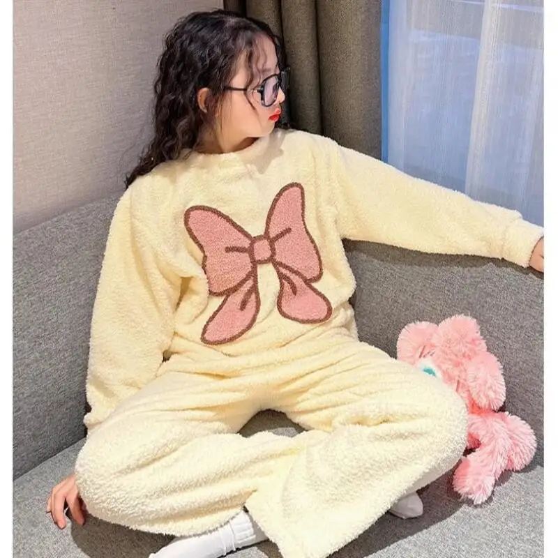 

Kids Homewear Fashion Autumn and Winter New Style Kawaii Bow Soft Girls Thickened Warm Pants Round Neck Simple Suit Holiday Gift