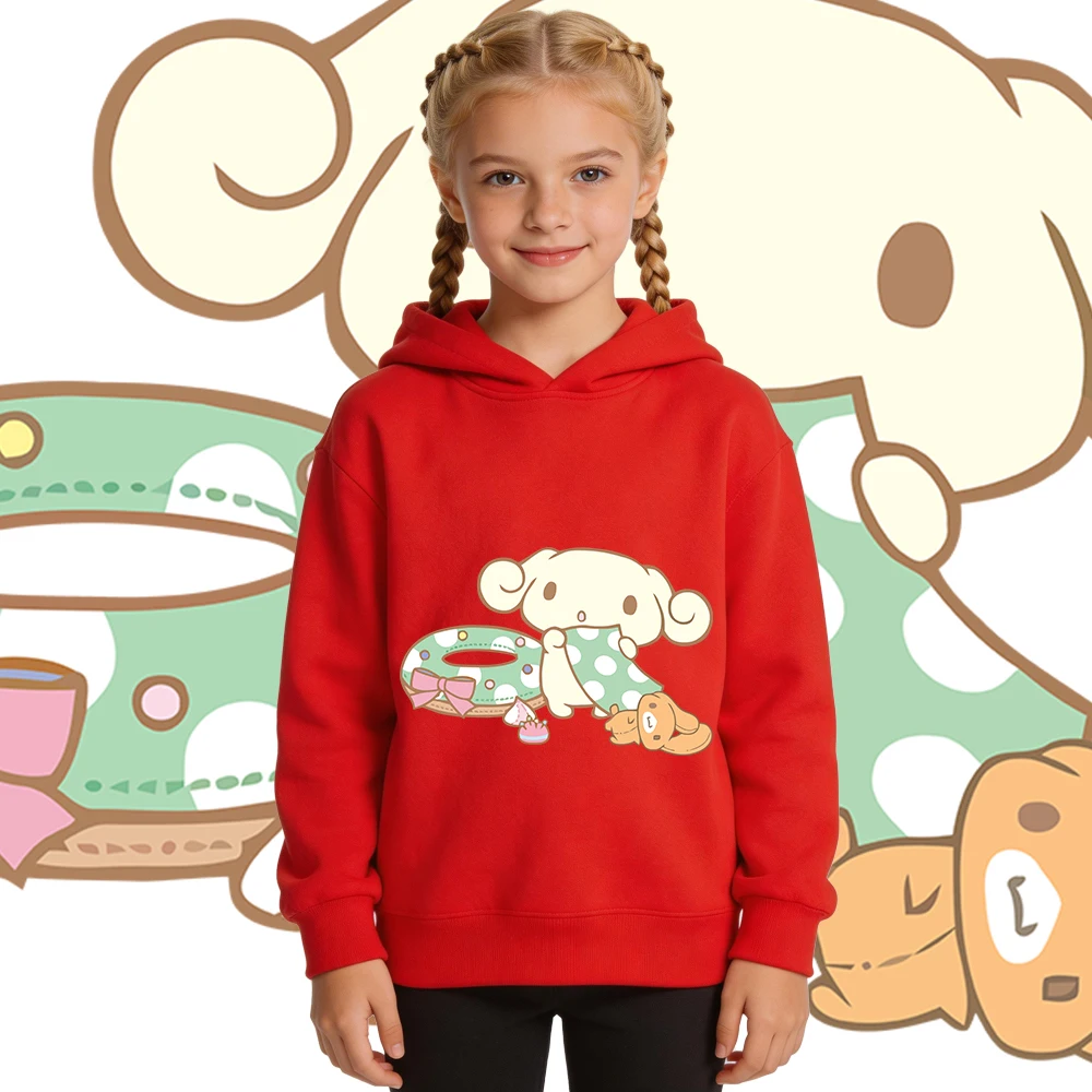 

Толстовка с принтом Cinnamoroll Sweet Playtime для детей, для мальчиков и девочек, на флисовой подкладке, осенне-зимняя теплая толстовка, мягкий повседневный пуловер