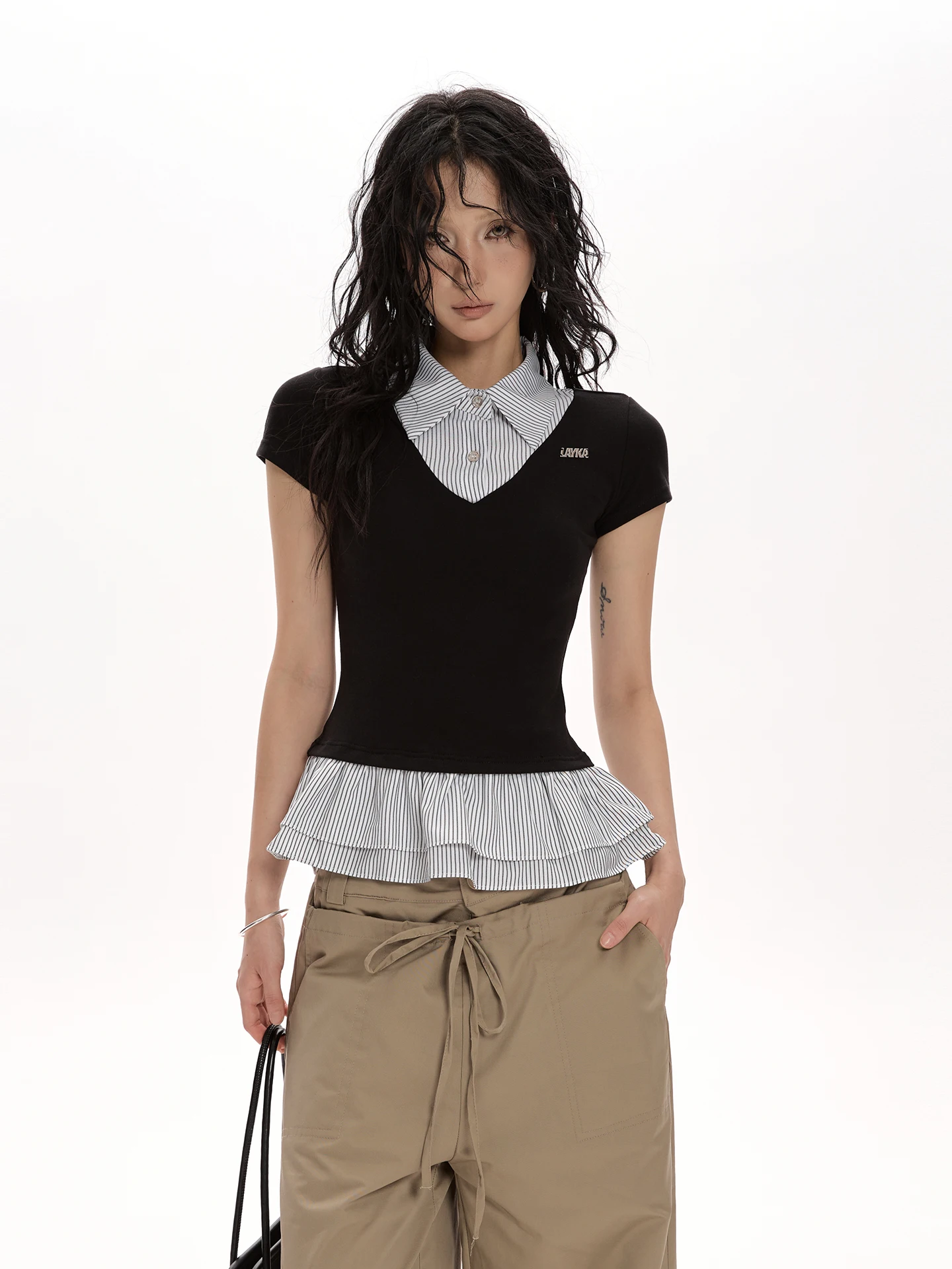 vat-アメリカンレトロバレエスタイル半袖tシャツ-フリルデザイン-スリムフィット-高知性センスシャツカラートップ