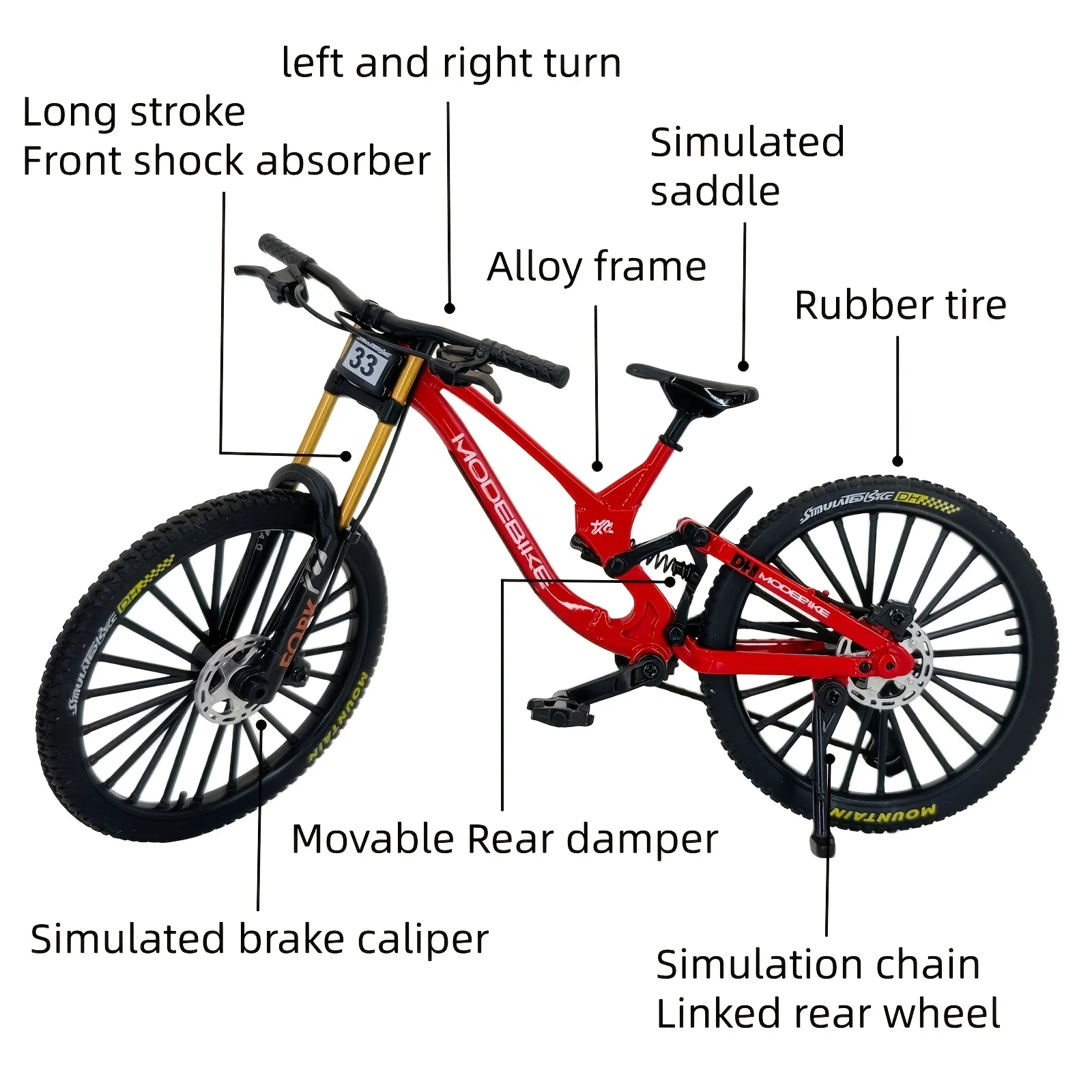 1:8 Scale Alloy Mountain Bike Model – Dual Shock Absorbers&Removable Number, Ideal Gift&Desktop Decoration for Bike Enthusiasts.