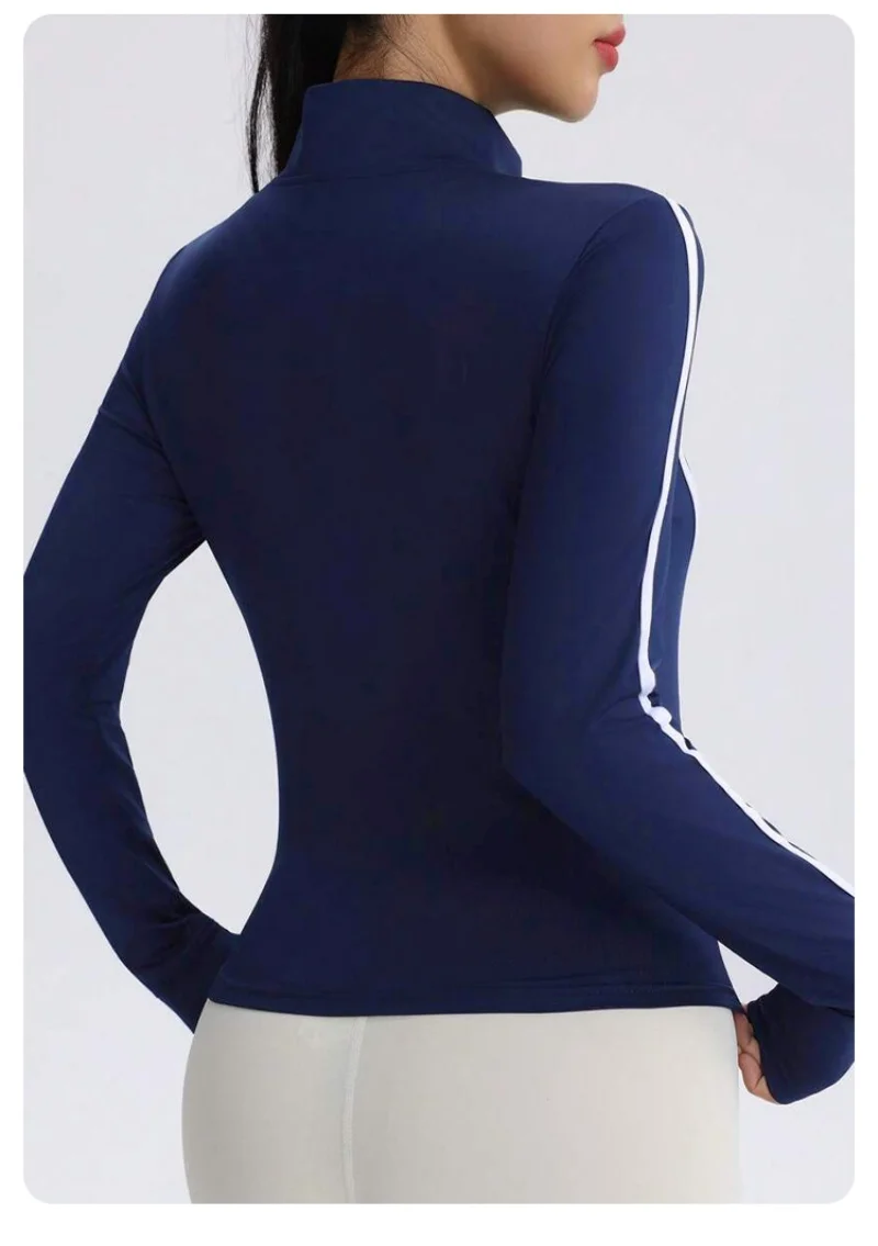 Women Navy Blue Yoga Jacket with White Contrast Stitching Slim Fit Full Zip Up Track Jacket High Neck Activewear Top for Workout image 3