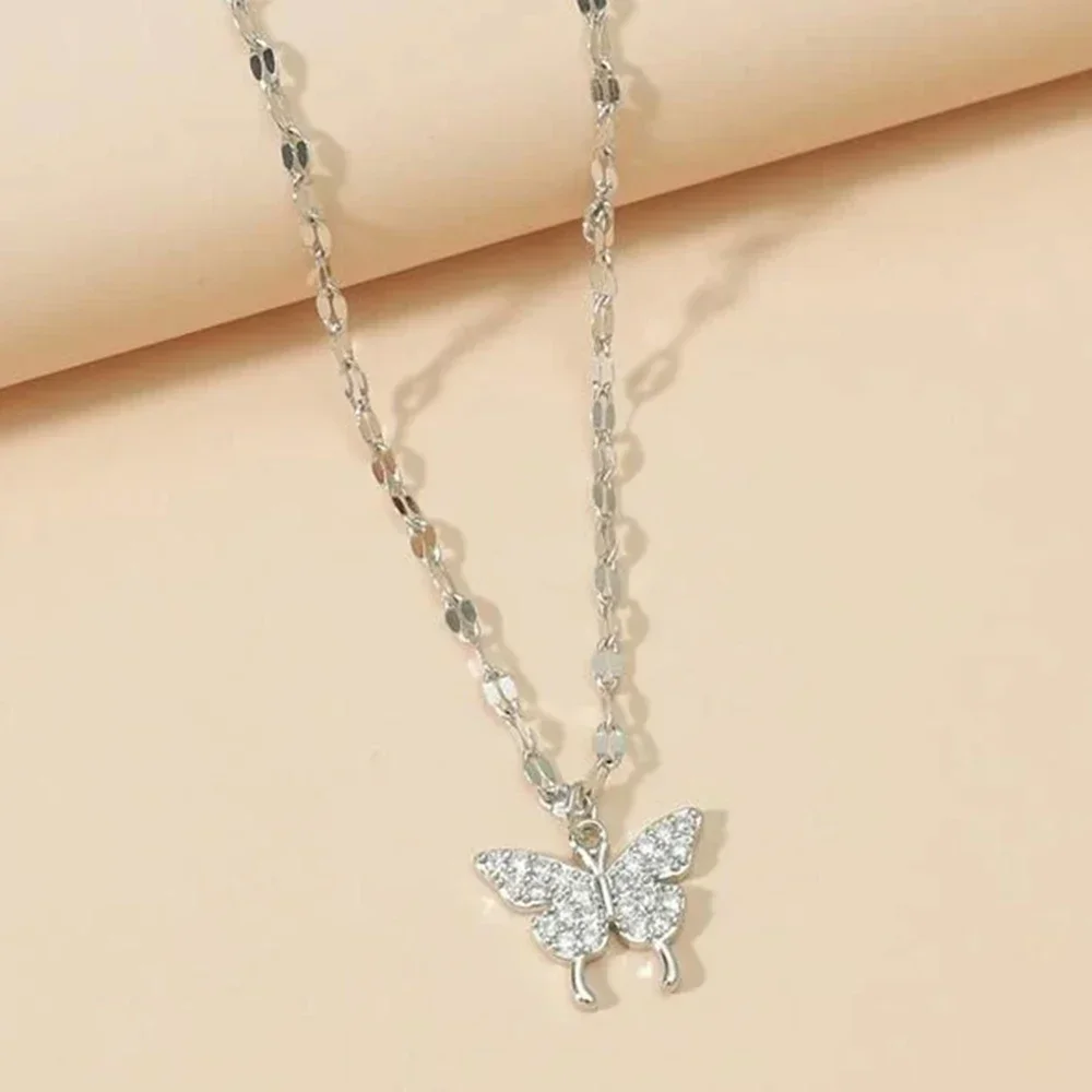 FSUNION New Fashion Shiny Butterfly Pendant Necklace Crystal Choker Chain For Women, Exquisite Jewelry for Wedding Party Gifts