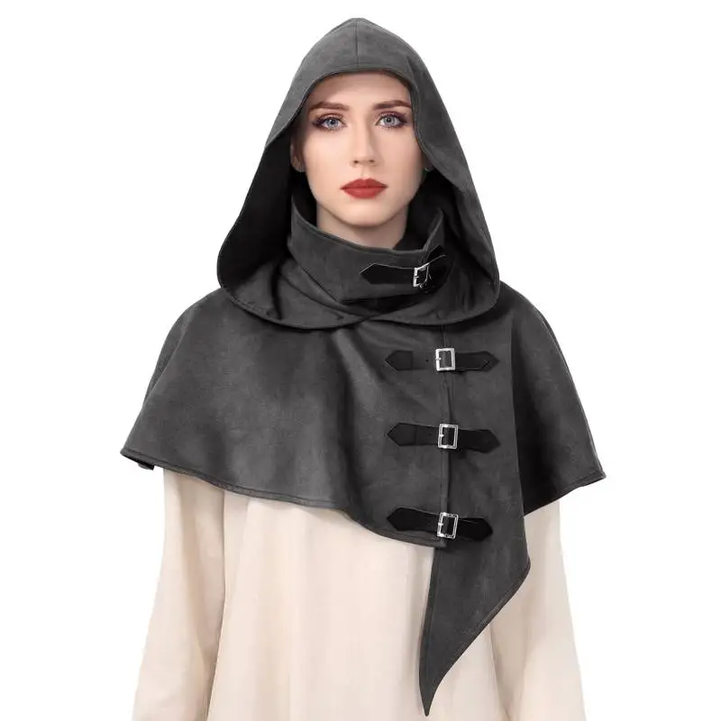 

DAZCOS Medieval Cowl with Buckle Straps Medieval Cowl Hood with Buckles Renaissance Hooded Cape Hat for Men Women Halloween