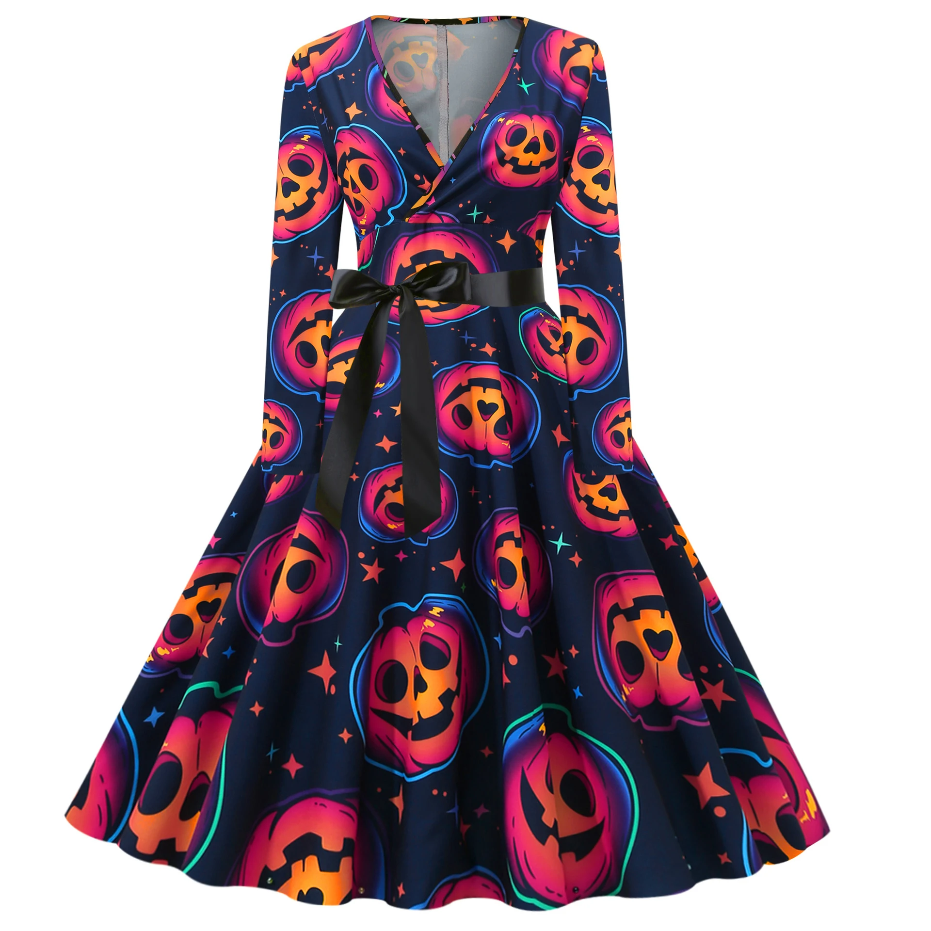 Phantasy Halloween Dress Women Carnaval Party Dresses Female Long Sleeve V Neck Vintage Gothic Dress Pumpkin Pattern Dresses