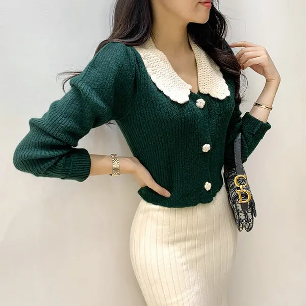 

Ретро-кардиган на пуговицах, вязаный, приталенный, с цветочным воротником, с длинными рукавами, V-образным вырезом, стандартной длины, женское пальто