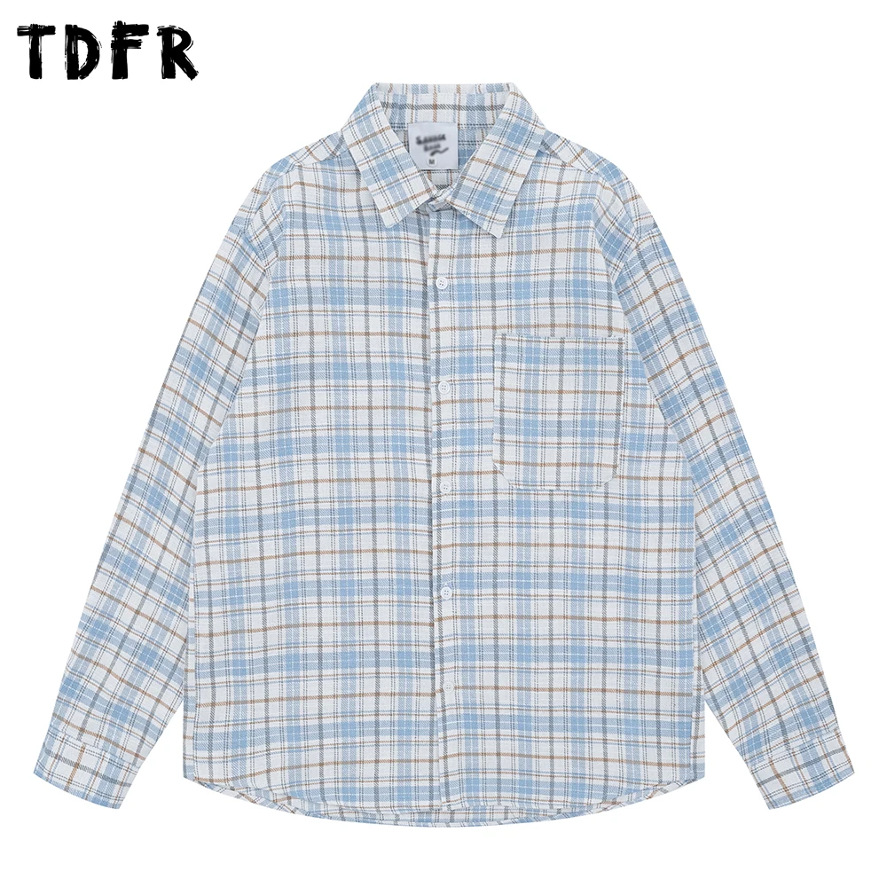 

Retro Plaid Long Sleeve Shirts Mens Pocket Autumn Casual Loose Single Breasted Lapel Cotton Shirts Man