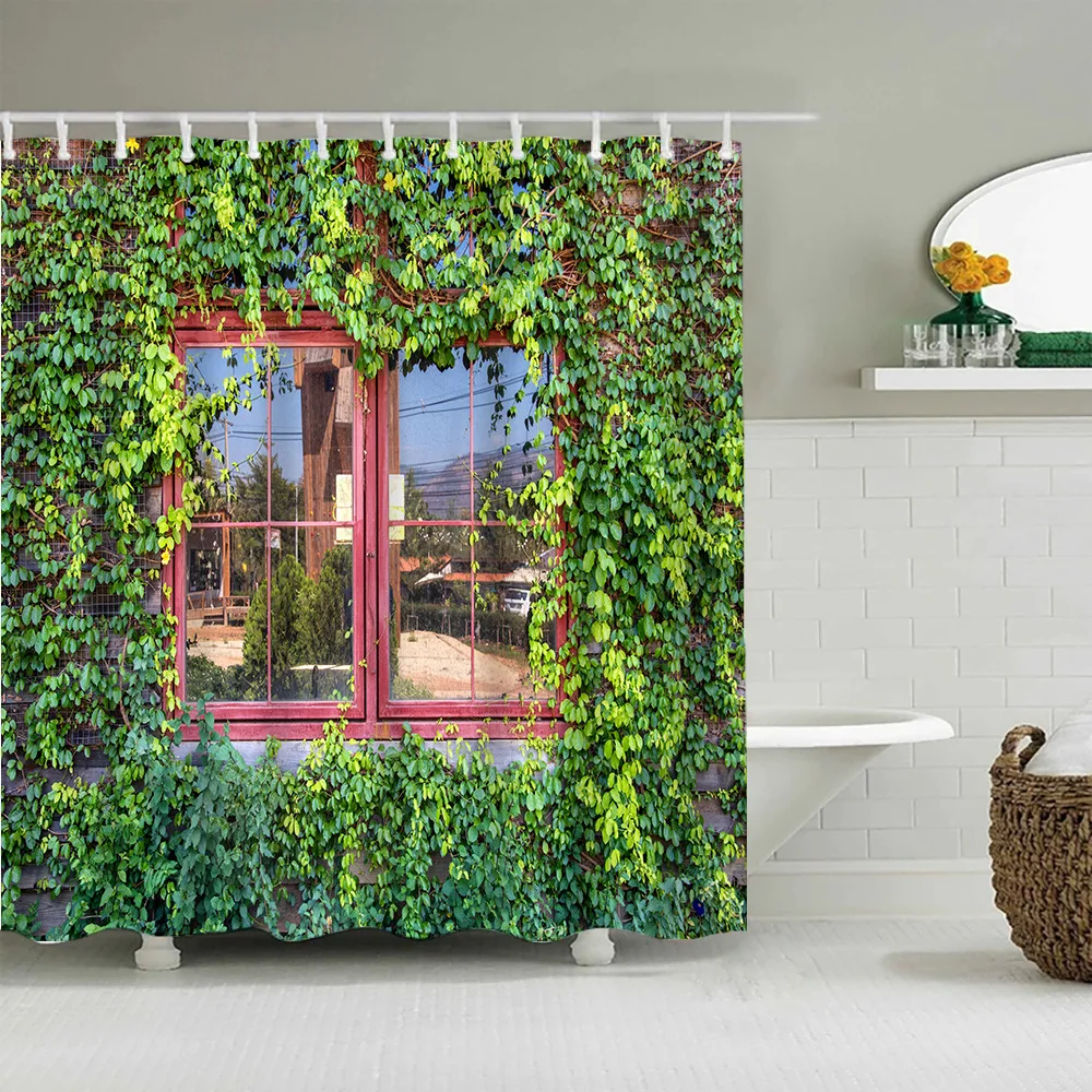 Spring Garden Landscape Shower Curtains Vintage Brick Wall Green Vines Plants Flowers Nature Scenery Fabric Bathroom Decor Sets